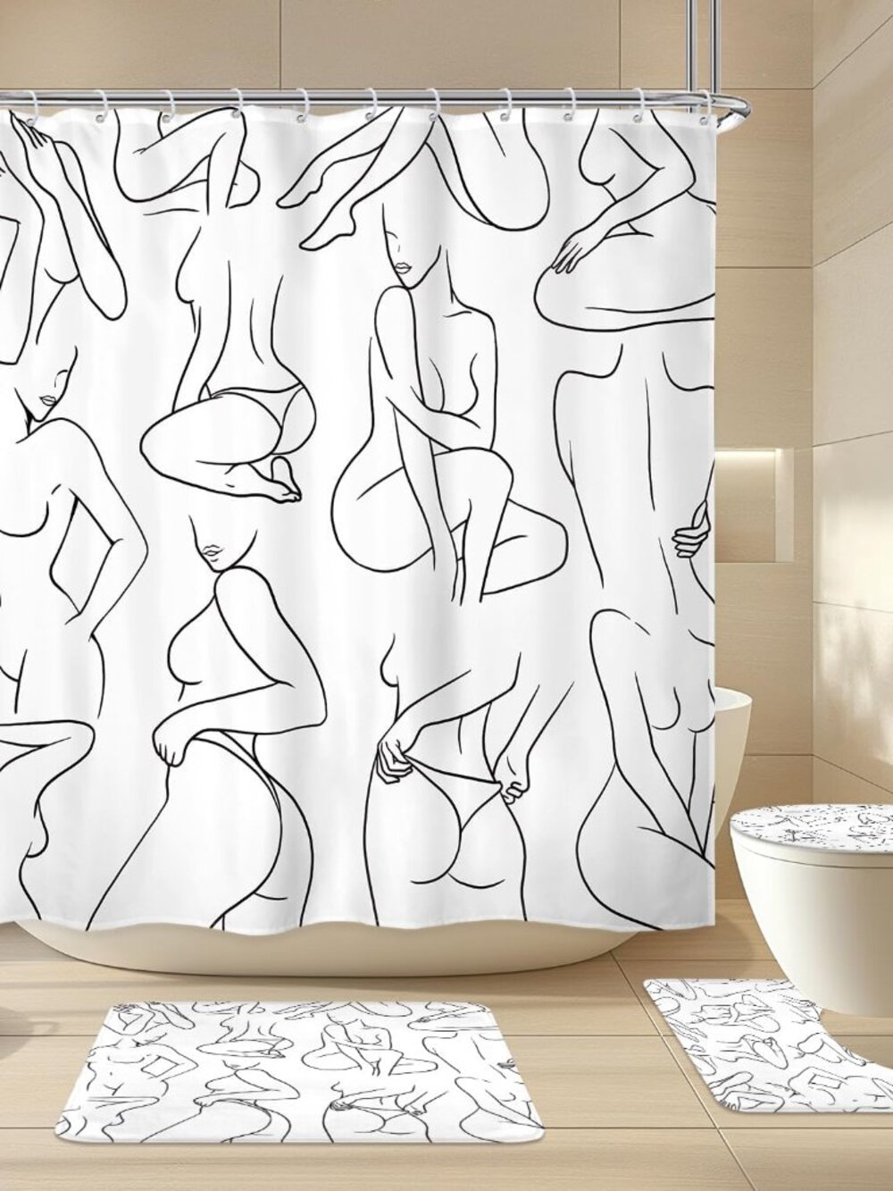 4PCs Abstract Black White Bathroom Sets Women Line Shower Curtain Set 72Wx72H Mo - Picture 4 of 7
